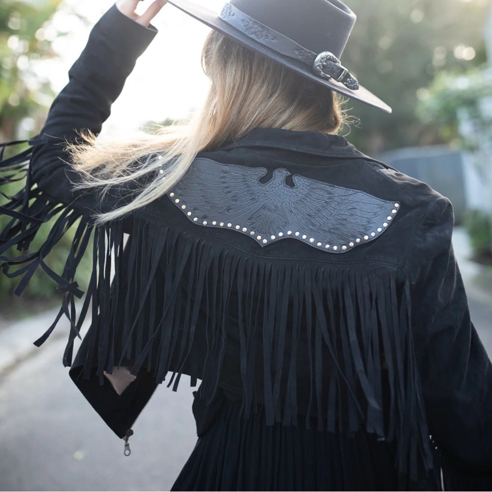 Women's Black Fringe Jacket with hand tooled eagle NWT SIZE M
